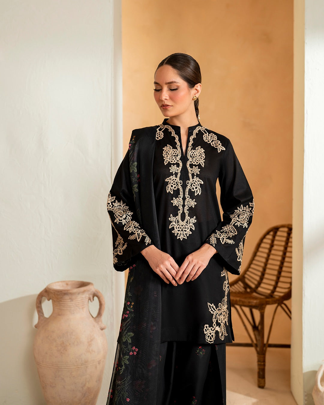 HUSN E RAAT Black 3-Piece Embroidered