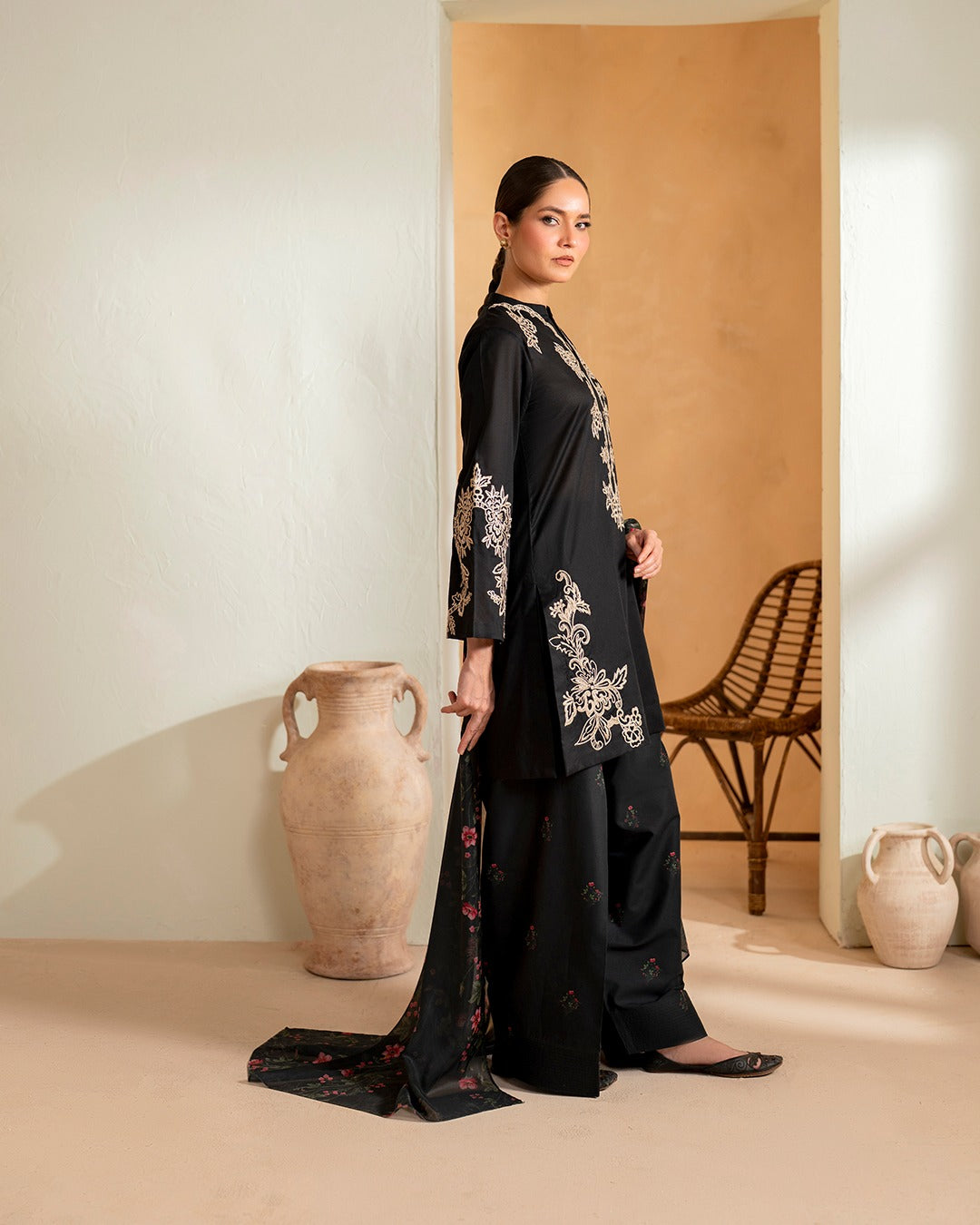 HUSN E RAAT Black 3-Piece Embroidered