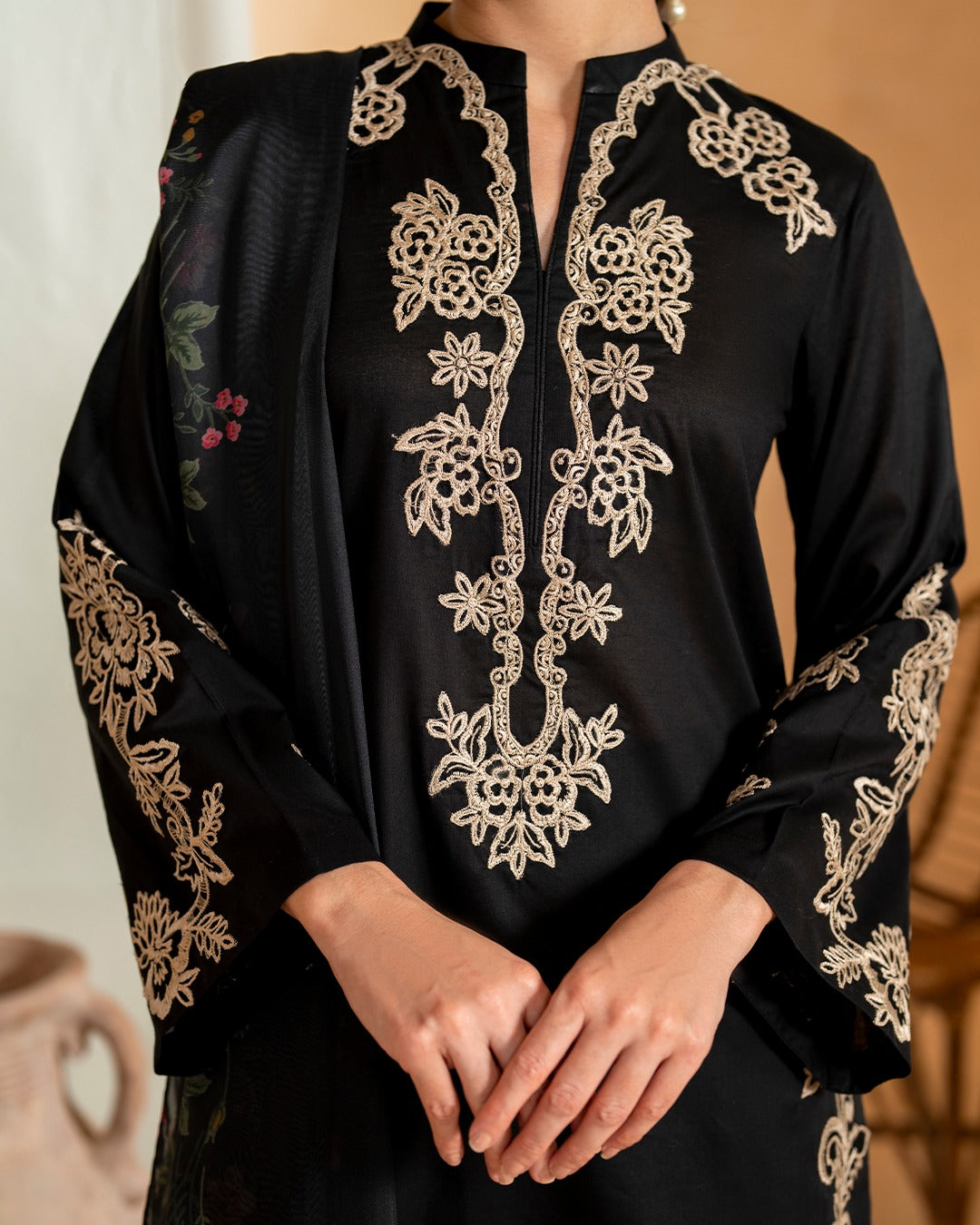 HUSN E RAAT Black 3-Piece Embroidered